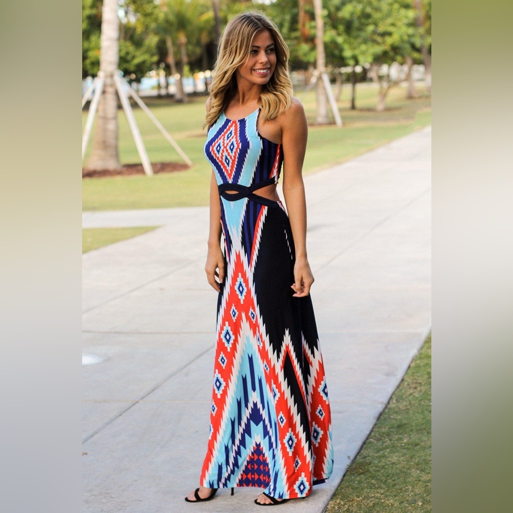 Multicolor/Navy tribal maxi dress EUC